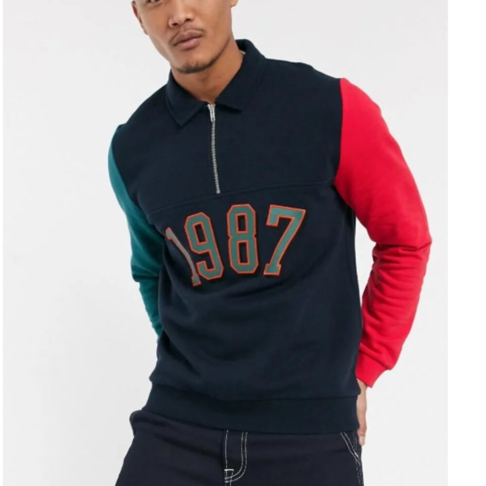 ASOS 1987 Embroidered Colorblocked Navy Green Red Half Zip Sweatshirt